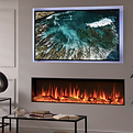 Modern electric wall fireplace with glowing flames beneath large abstract art canvas