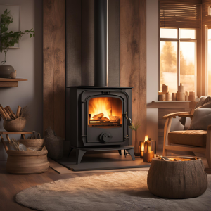 Contemporary wood-burning stove with glass door in a Southwest England living room