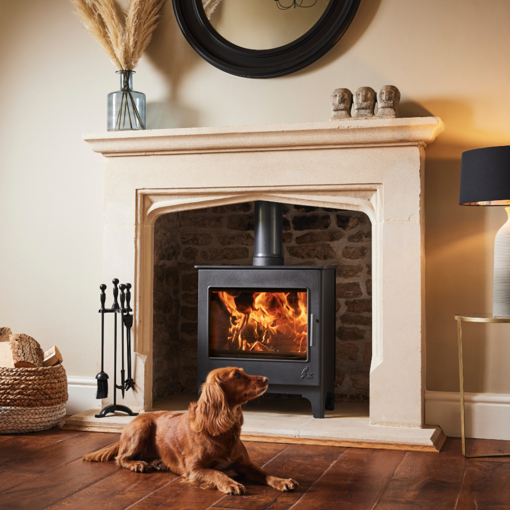 Modern multi-fuel stove with glass door in Cornwall home