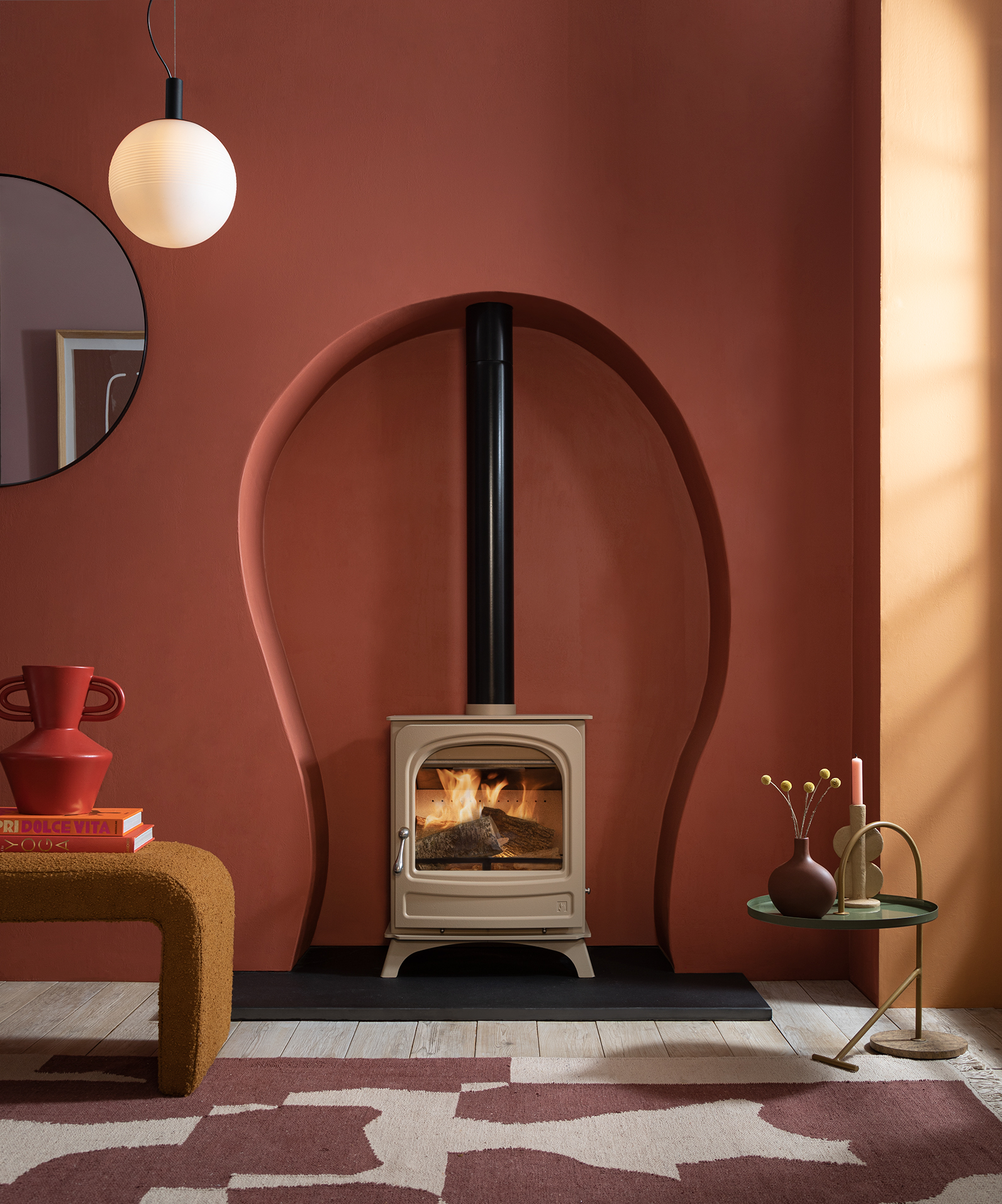 Holborn 5 widescreen wood-burning stove in clay finish installed in Southwest England