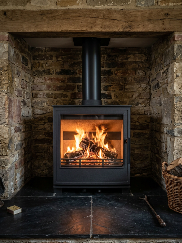 Sleek electric fire mounted on a white wall with minimalist decor in a Cornwall property