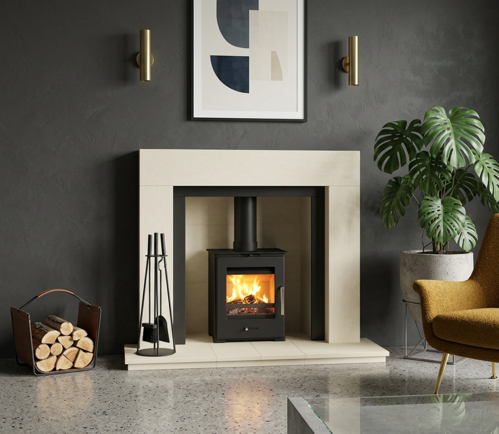 Stone fireplace surround and hearth installed around a multi-fuel stove in Cornwall