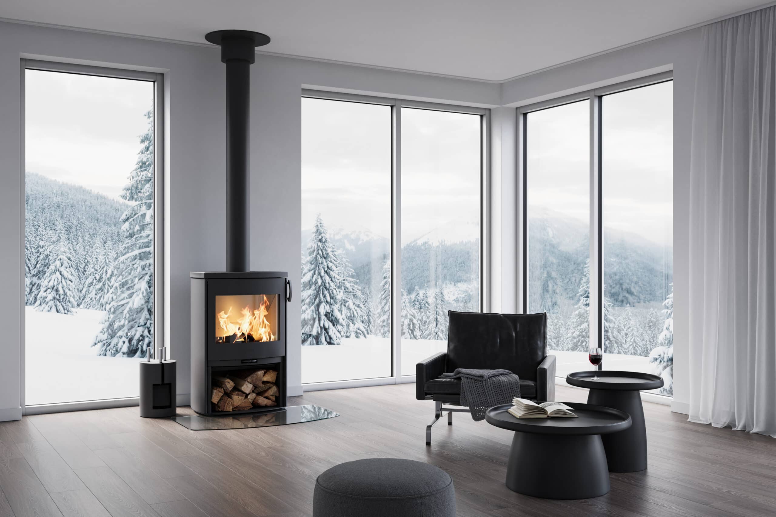 Icon Line Eclipse XL multi-fuel stove glowing in Cornwall living room