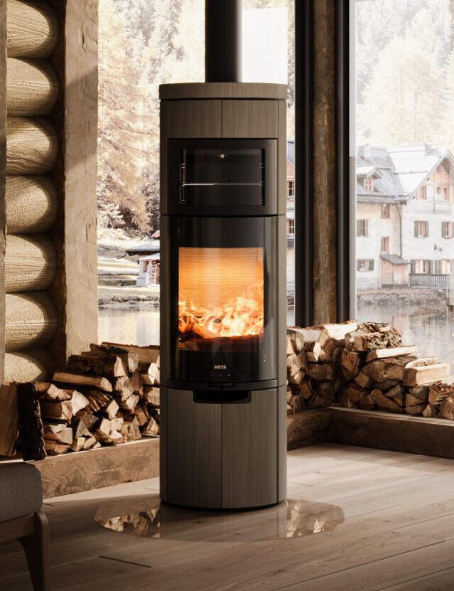 Greywood SL-920-B glass front woodburner showing warm fire in Cornwall home
