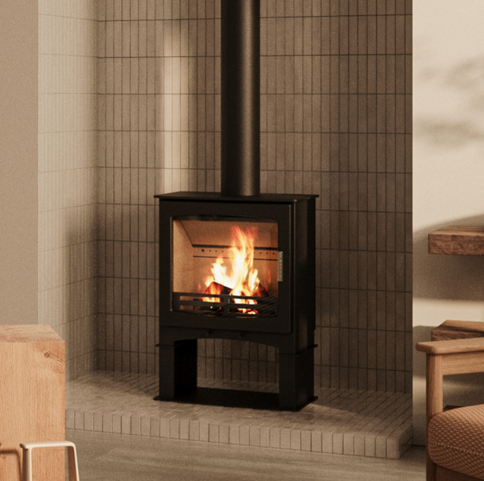 Bio-ethanol fire with glass panels installed on a hearth in a stylish Southwest England home