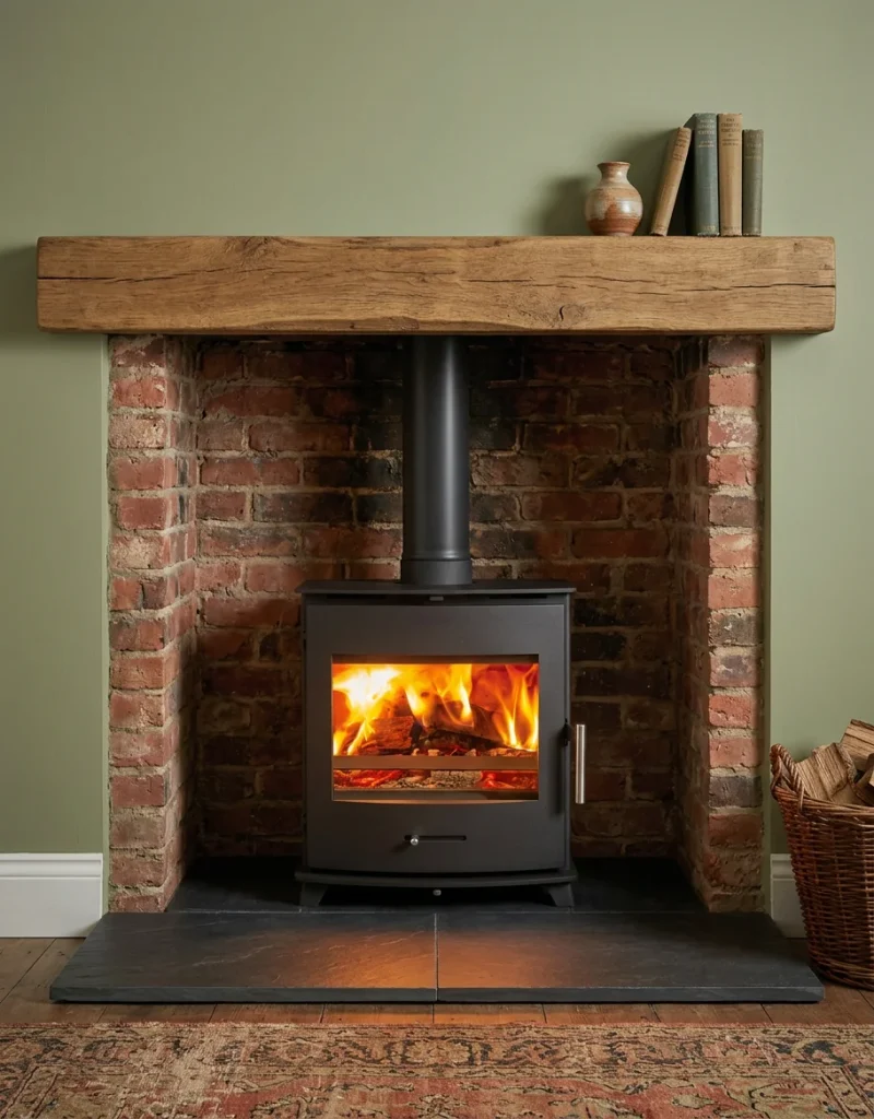 Black wood burning stove alight in brick fireplace with oak beam mantel and slate hearth