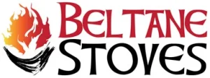 Beltane Stoves logo with flame graphic in red and orange on white background