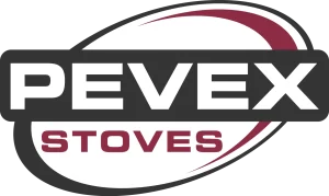 Pevex Stoves brand logo dark grey and burgundy oval design white background