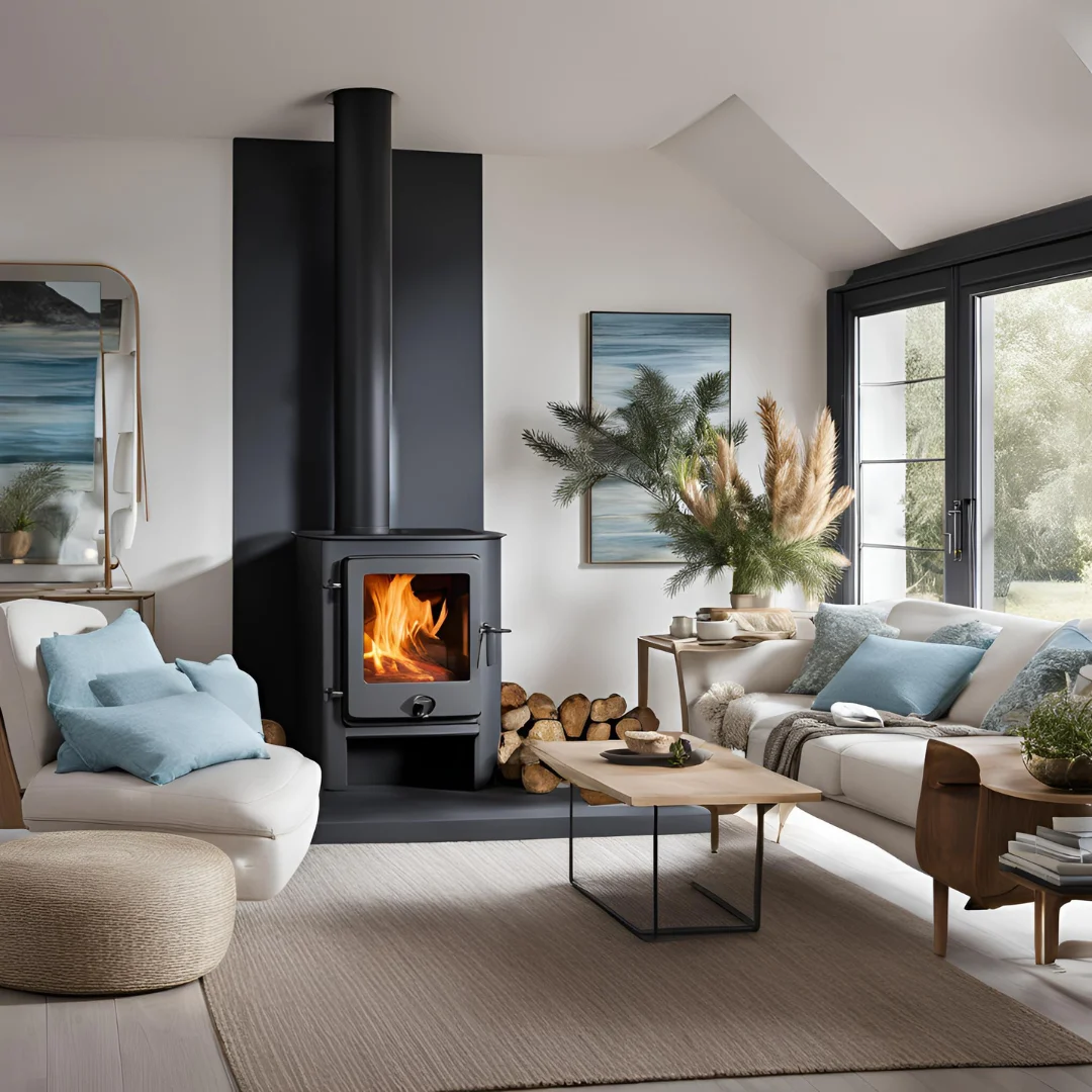 Black wood burning stove with roaring fire in bright modern Cornish living room
