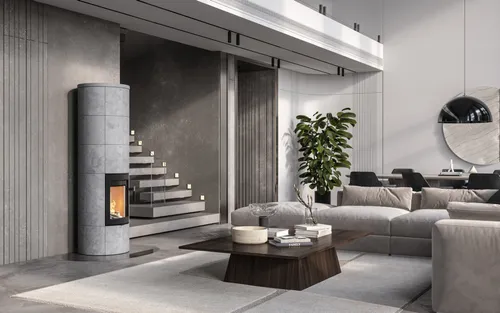 Modern cylindrical soapstone wood burning stove in contemporary grey living room interior design