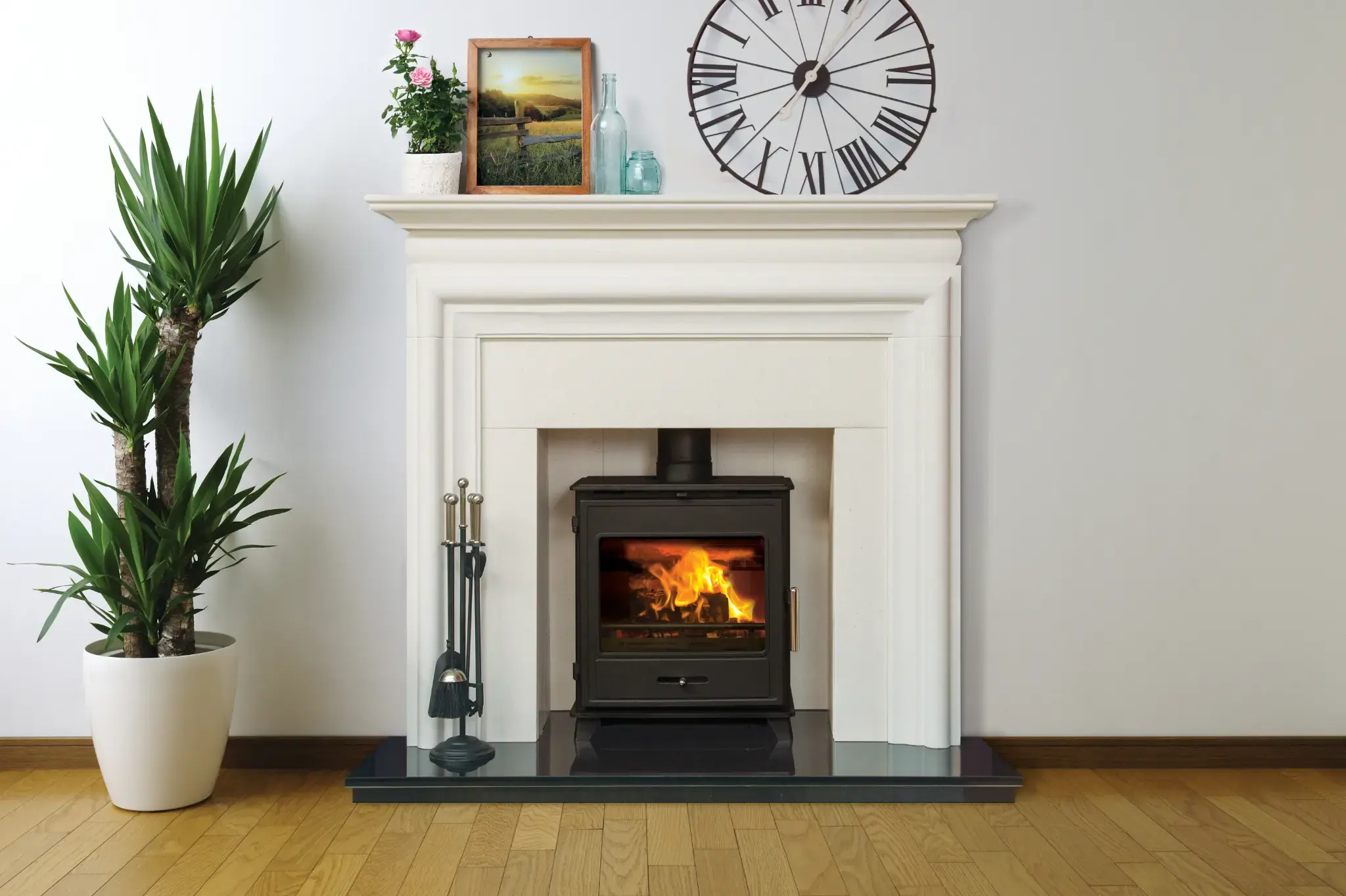 Pevex Bucklesham Wood Burning Stove Black White Fireplace Surround Living Room Roomset