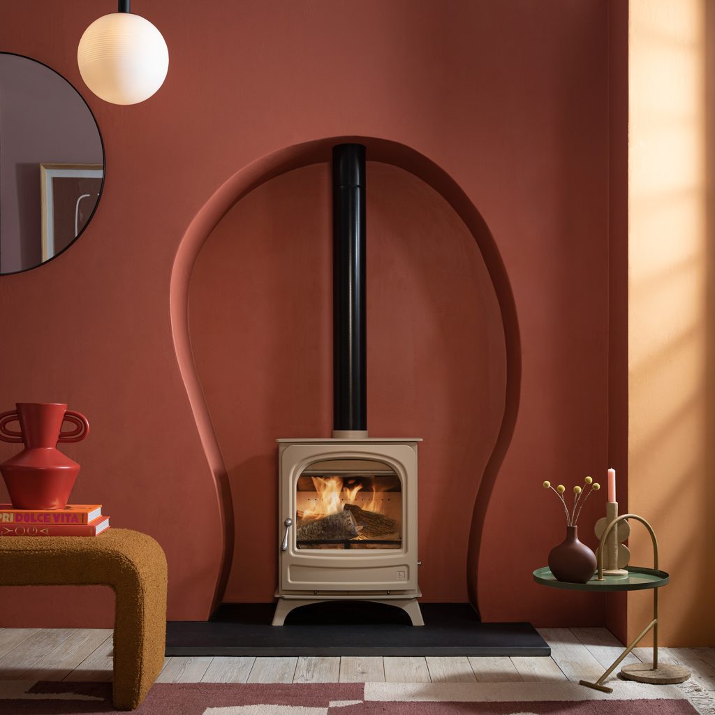 Holborn 5 widescreen wood-burning stove in clay finish installed in Southwest England